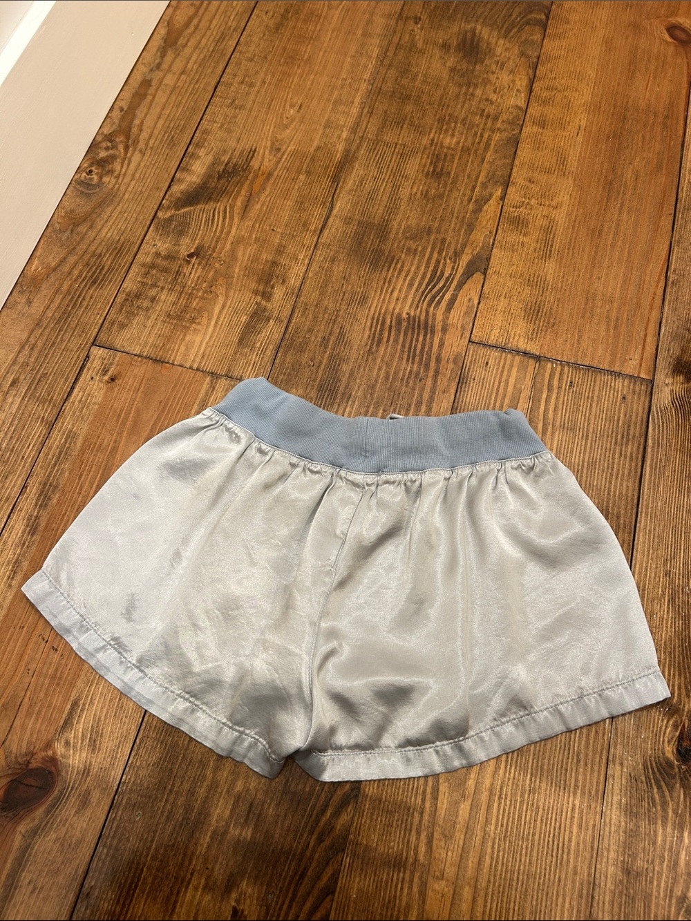 Light Gray Satin Shorts with Dusty Blue Waistband - Picture 2 of 5